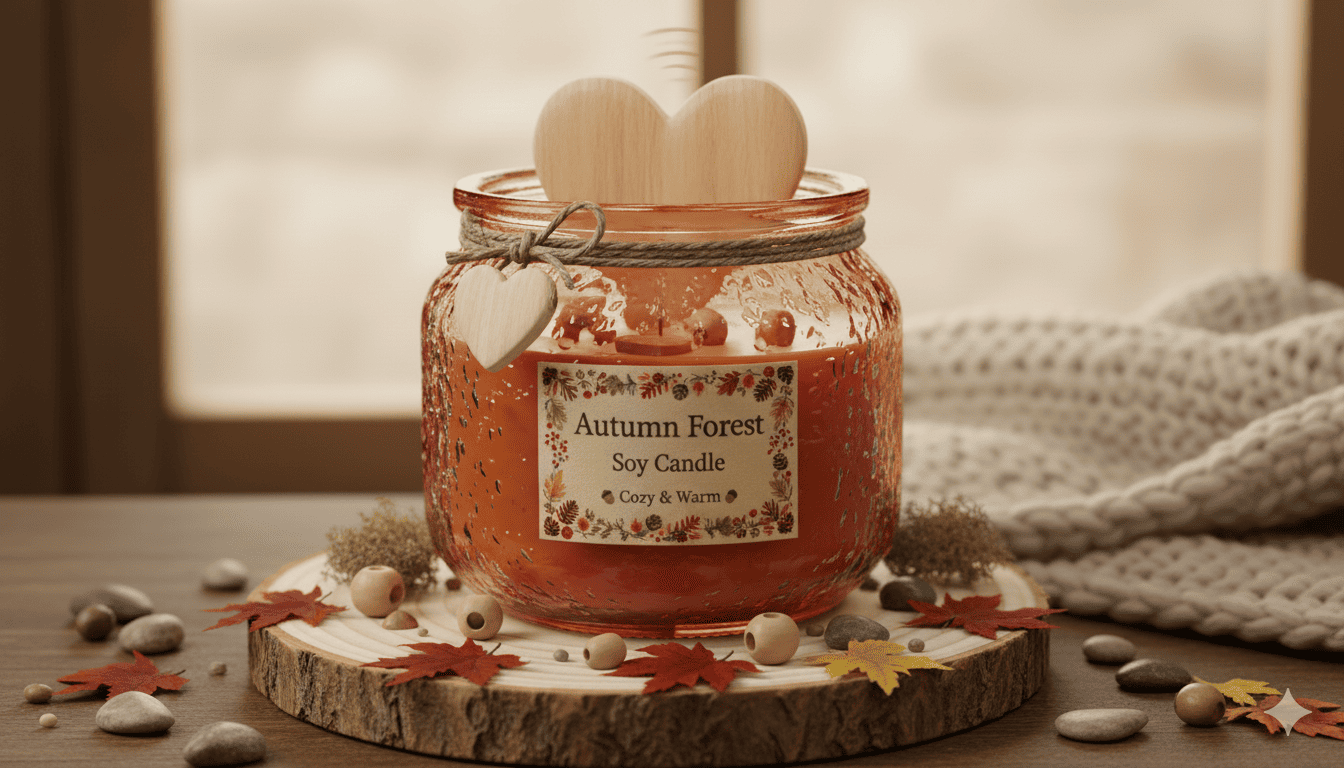 Syysmetsä puusydänkynttilä rustiikkisessa lasipurkissa